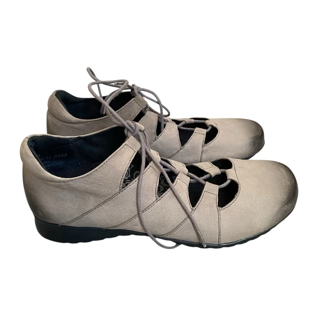 Aetrex Shoes Women 7.5 Gray Leather Flat Lace Up Retro Prairie Cottage Sienna